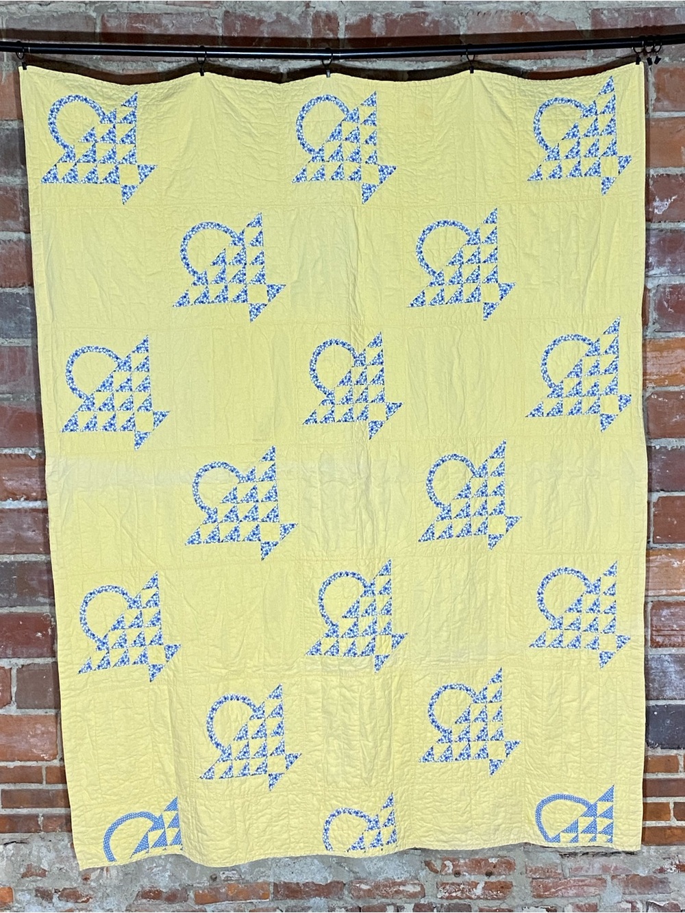 Vintage Basket Quilt 60” x 78” Feed sack Yellow Blue White